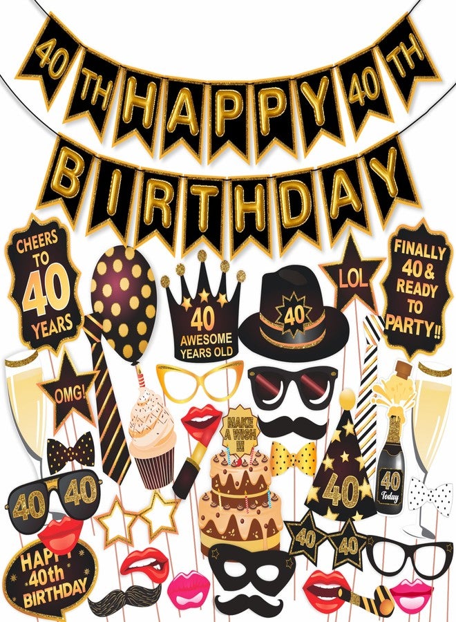 Wobbox 40th Birthday Photo Booth Party Props Brown & Golden Glitter with 40th Birthday Bunting Banner, Birthday Party Decoration, Birthday Party Item - Image 1